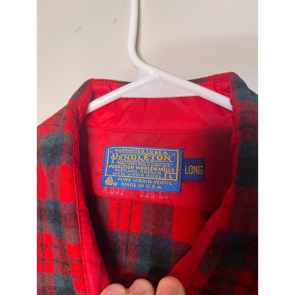 1970s Pendleton Red Spruce Green Christmas Plaid Wool Dagger Collar Shirt L Long - Picture 2 of 7